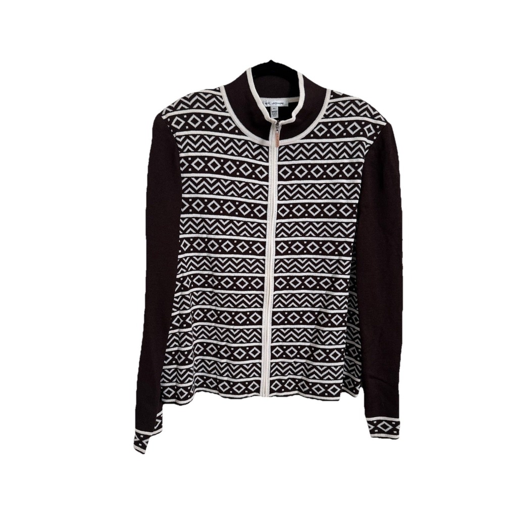St. John Wool Santana Knit Cardigan Sweater Front Zip Brown Diamond Womens Sz XL